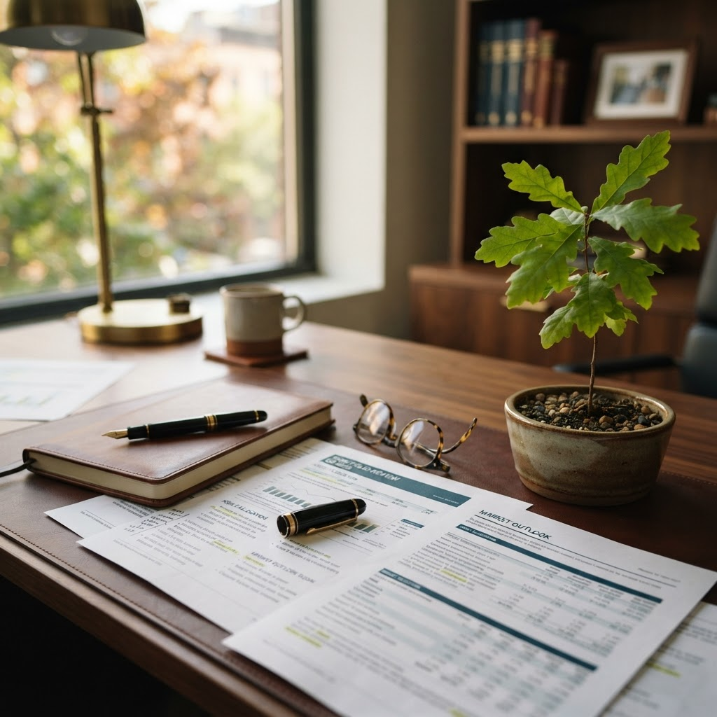 A refined advisory desk with financial documents and a young oak seedling